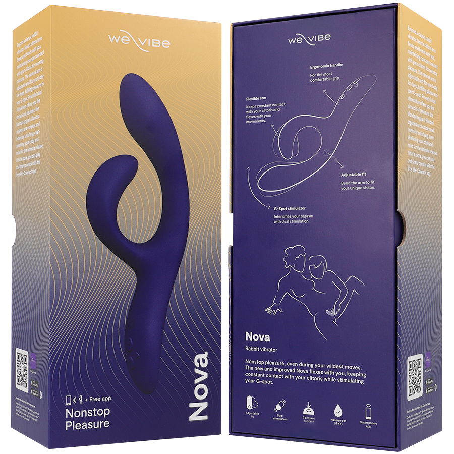Boîte Nova by We-Vibe vue recto-verso, dégradé orange et violet, illustrant le vibromasseur lapin connecté en silicone bleu nuit et ses fonctions point G et clitoris par appli.