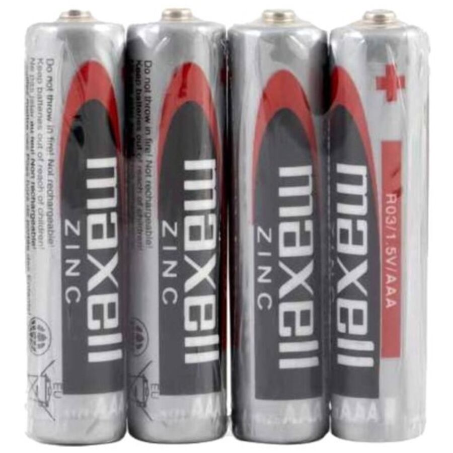 Quatre piles AAA Maxell Zinc habillage gris et rouge alignees de face, 1,5 V haute performance, le format le plus courant pour sextoys et accessoires sur piles.