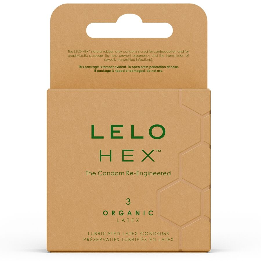 Boite kraft suspendue Lelo Hex Organic de 3 preservatifs latex, structure hexagonale lubrifiee, emballage produit sans element corporel.