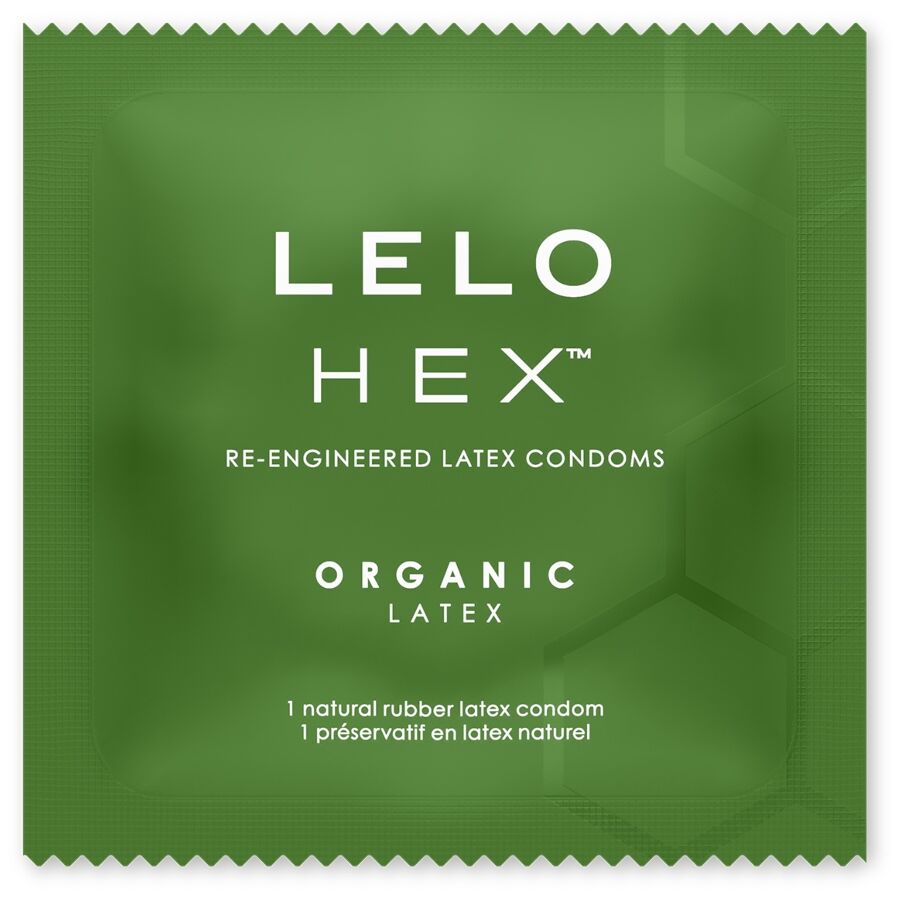 Sachet vert Lelo Hex Organic latex de face, preservatif unique en latex naturel a structure hexagonale, emballage individuel sans element corporel.