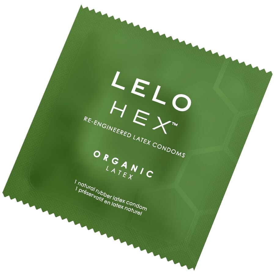 Sachet vert Lelo Hex Organic latex, preservatif individuel en latex naturel a maillage hexagonal, packaging lisse sans visuel anatomique.
