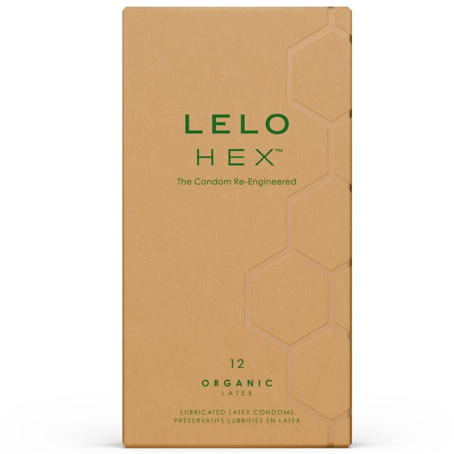 Boite kraft Lelo Hex Organic de 12 preservatifs latex bio de face, maillage hexagonal en relief, packaging sans visuel anatomique.