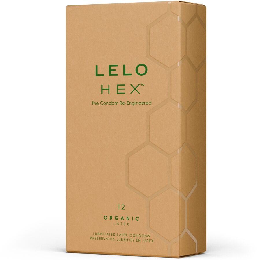 Boite kraft Lelo Hex Organic de 12 preservatifs latex bio de trois quarts, motif hexagonal en relief, packaging sans visuel anatomique.