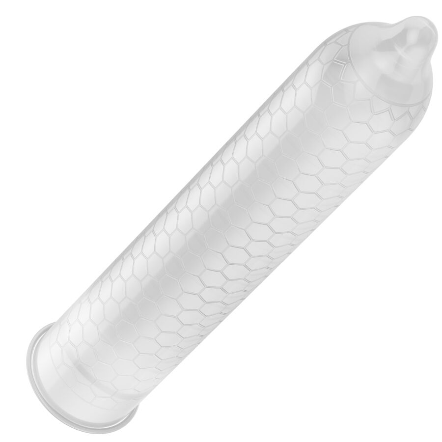 Preservatif Lelo Hex transparent de face, embout reservoir et latex a maillage hexagonal, photo produit isolee sans corps ni peau.