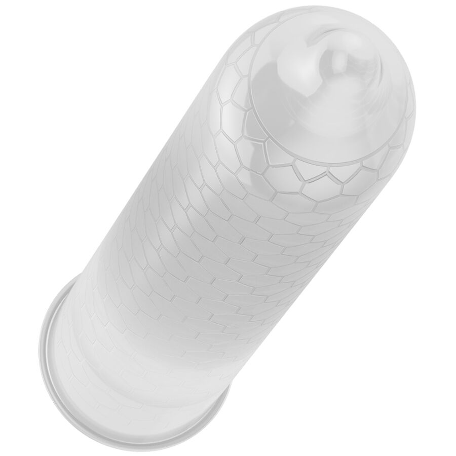 Preservatif Lelo Hex transparent vu de dessus, embout reservoir et maillage hexagonal en relief, vue produit isolee sans anatomie.