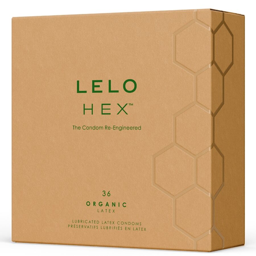 Boite kraft Lelo Hex Organic de 36 preservatifs latex bio, motif hexagonal en relief sur fond carton, packaging sans visuel anatomique.