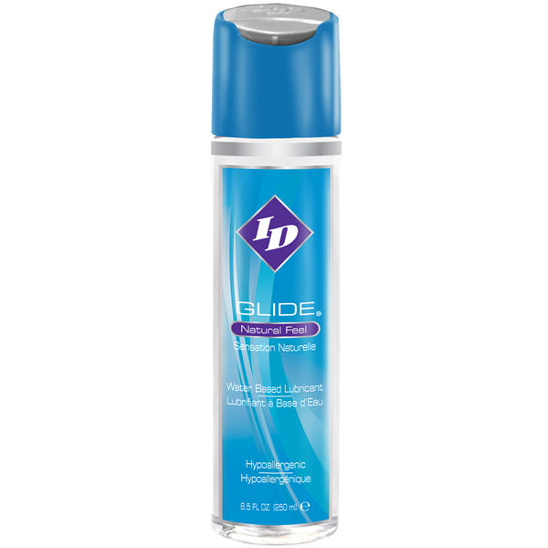 Flacon ID Glide bleu a capsule bleue de face, lubrifiant base eau sensation naturelle soyeuse, reactivable non tachant compatible accessoires