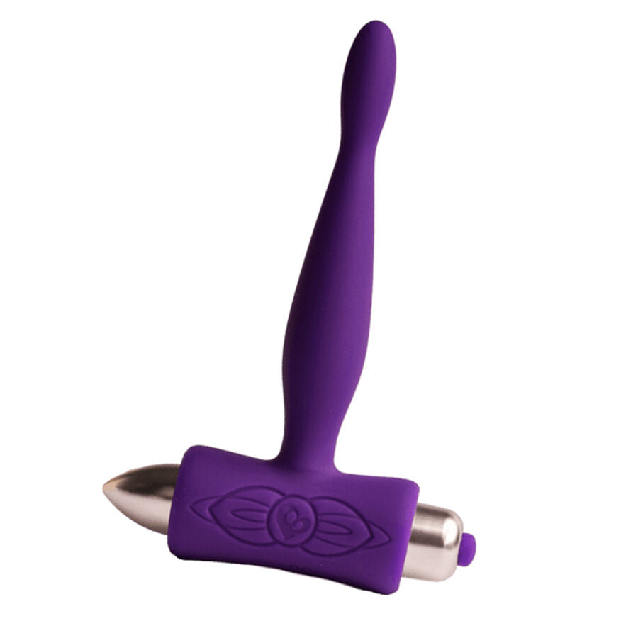 Plug anal vibrant Teazer violet à tige fine effilée sur base T en silicone, embout de balle vibrante visible, stimulateur point P 7 niveaux étanche pour débutants.