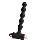 Plug anal perlé noir à chapelet de billes étagées sur base vibrante en T à embout métallisé, présenté seul sur fond clair, silicone lisse non figuratif.
