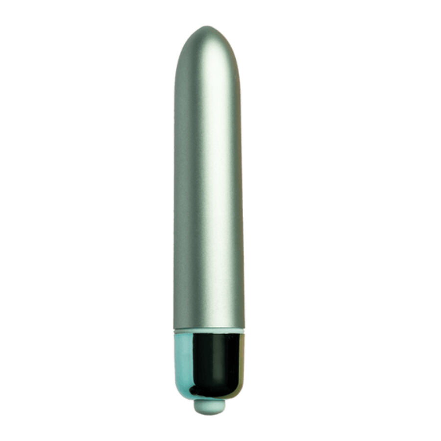 Mini bullet vert d'eau allongé à embout noir de commande, présenté seul sur fond clair, corps cylindrique lisse et arrondi sans aucun relief figuratif ni anatomique.