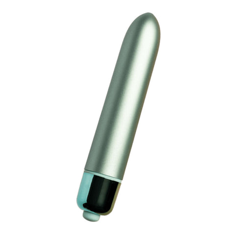 Bullet vert d'eau incliné sur fond clair, embout de commande noir à la base et pointe arrondie, surface lisse métallisée mise en valeur par l'éclairage.