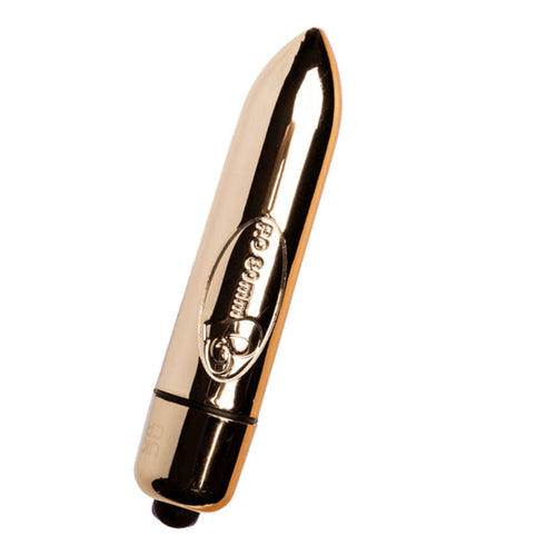 Stick vibrant bullet RO-80 doré à pointe arrondie et logo Rocks-Off, mini vibromasseur compact à un bouton, finition métallisée brillante et conception étanche.