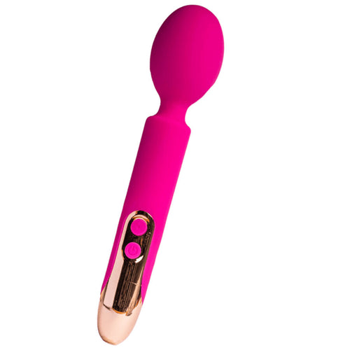 Wand vibrant rose à tête flexible bulbeuse et manche à boutons dorés, présenté seul sur fond clair, silicone lisse sans aucun élément figuratif ni détail anatomique.