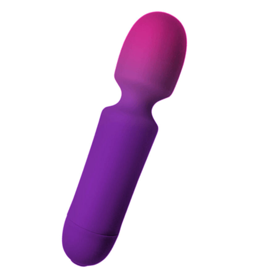 Mini wand vibrant en silicone à dégradé rose-violet, manche élancé et tête boule flexible rembourrée, surface lisse brillante, format compact non anatomique.
