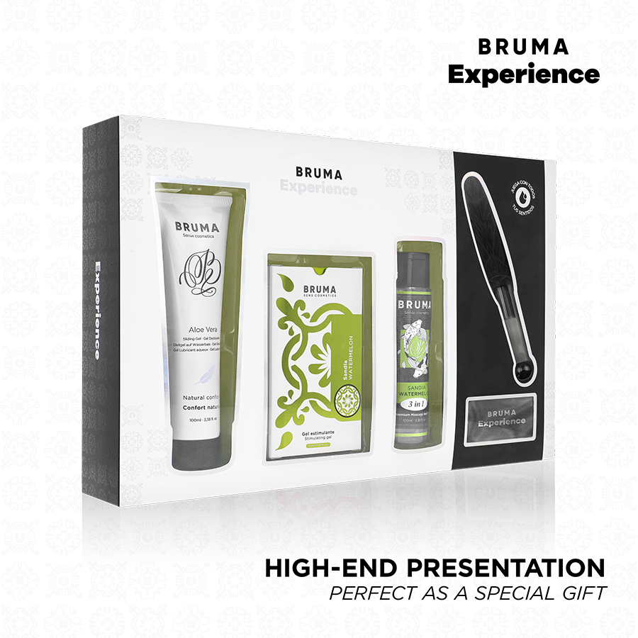 Coffret bien-etre Bruma pasteque presente en boite ouverte avec gel intensifiant, lubrifiant, huile de massage et accessoire satin, vue packaging haut de gamme pour cadeau