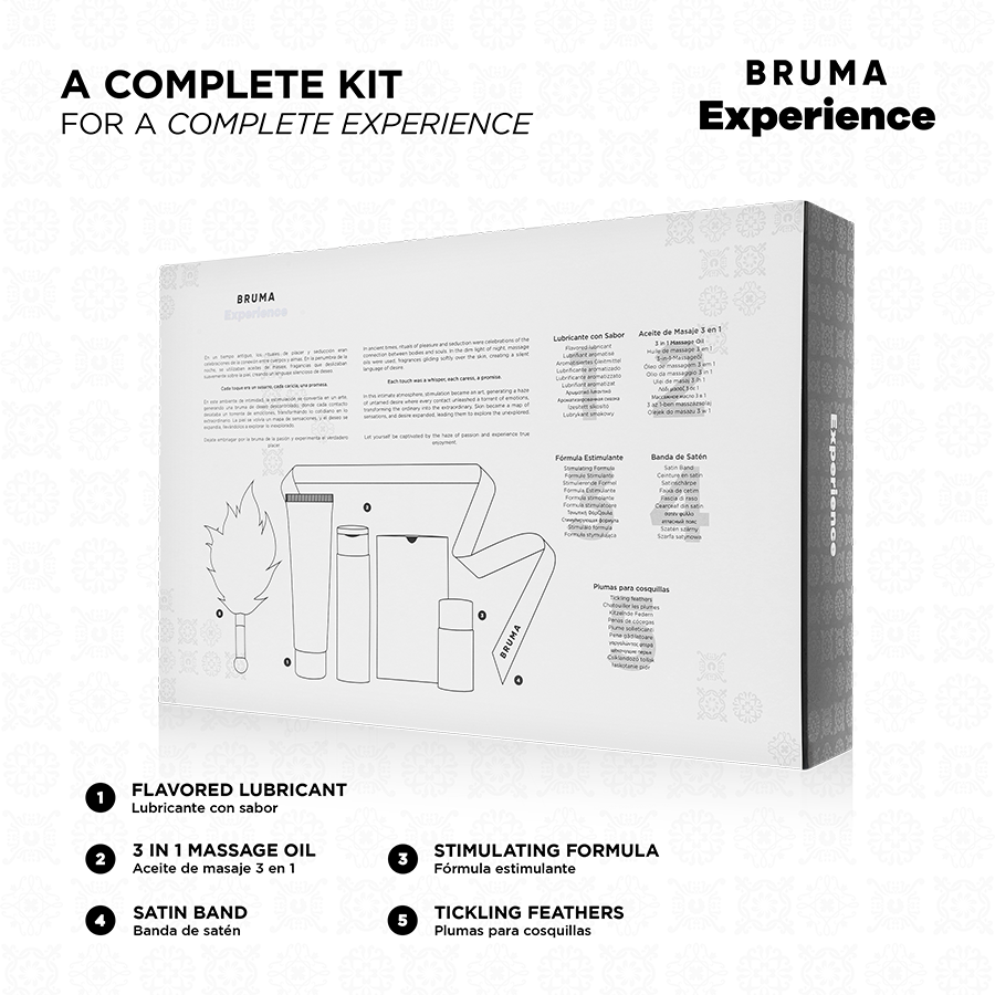 Schema du coffret Bruma detaillant lubrifiant parfume, huile de massage 3 en 1, bande satin, formule stimulante et plumes, vue pedagogique du kit pasteque complet