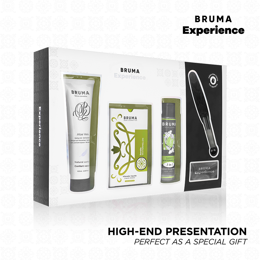Coffret bien-etre Bruma pasteque a gel vibrant en boite fermee, packaging soigne montrant tube, etui et flacon, presentation haut de gamme ideale pour offrir