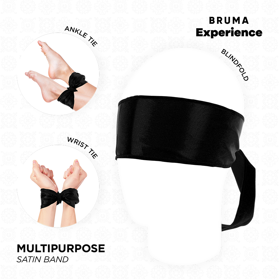 Bandeau satin noir multiusage Bruma en masque avec schemas de liens aux poignets et chevilles, accessoire textile du pack bubblegum a gel stimulant chaleur