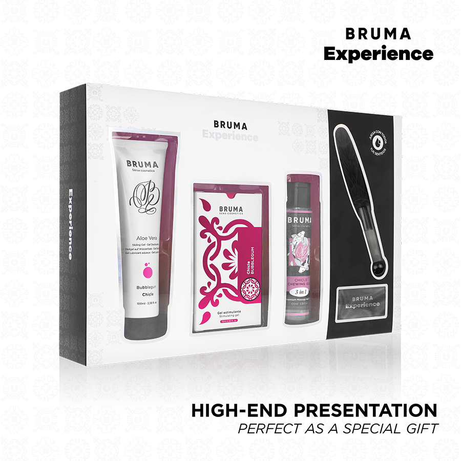 Pack bubblegum Bruma a gel stimulant chaleur en boite fermee, packaging rose et noir montrant tube, etui et flacon, presentation soignee ideale a offrir