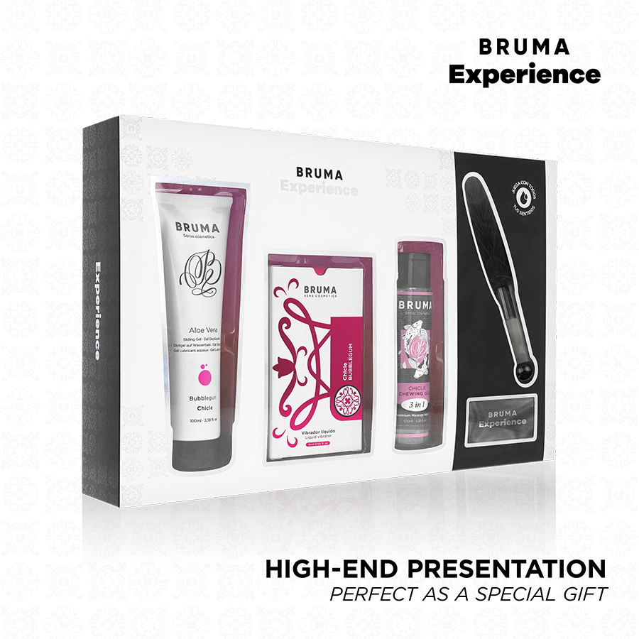 Coffret bubblegum ludique Bruma a gel vibrant en boite fermee, packaging rose et noir montrant tube, etui et flacon, presentation haut de gamme a offrir