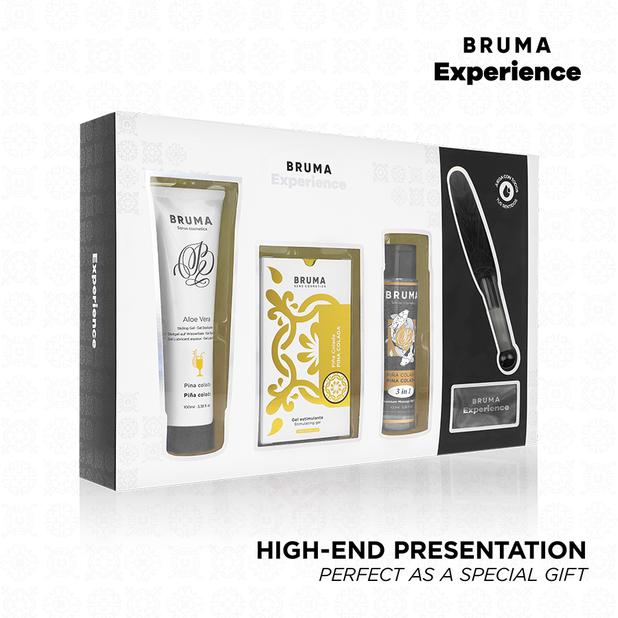 Coffret pina colada Bruma a gel stimulant en boite fermee, packaging dore et noir montrant tube, etui et flacon, presentation haut de gamme aux notes exotiques