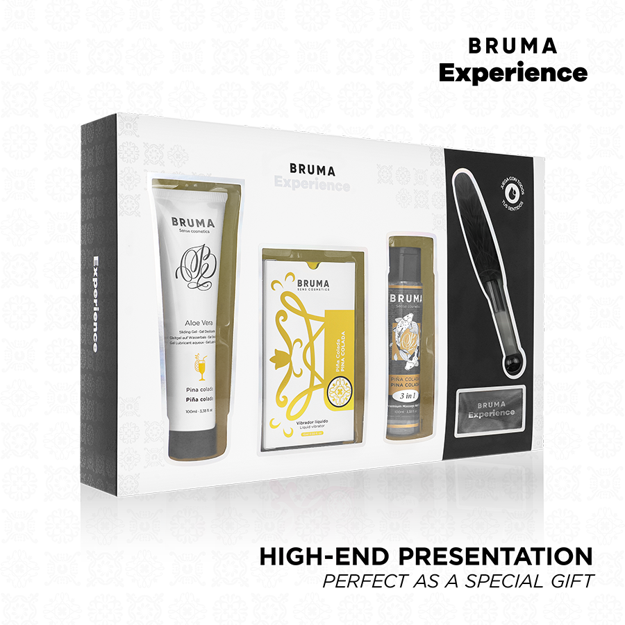 Coffret pina colada Bruma a gel vibrant en boite fermee, packaging dore et noir montrant tube, etui et flacon, presentation haut de gamme aux notes ananas coco