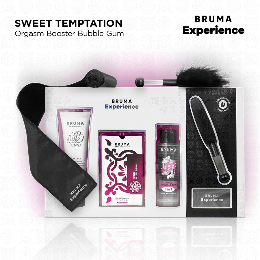 Contenu du pack bubblegum Bruma dispose a plat : bandeau satin, lubrifiant comestible, huile de massage et plume, vue complete du coffret gourmand ludique