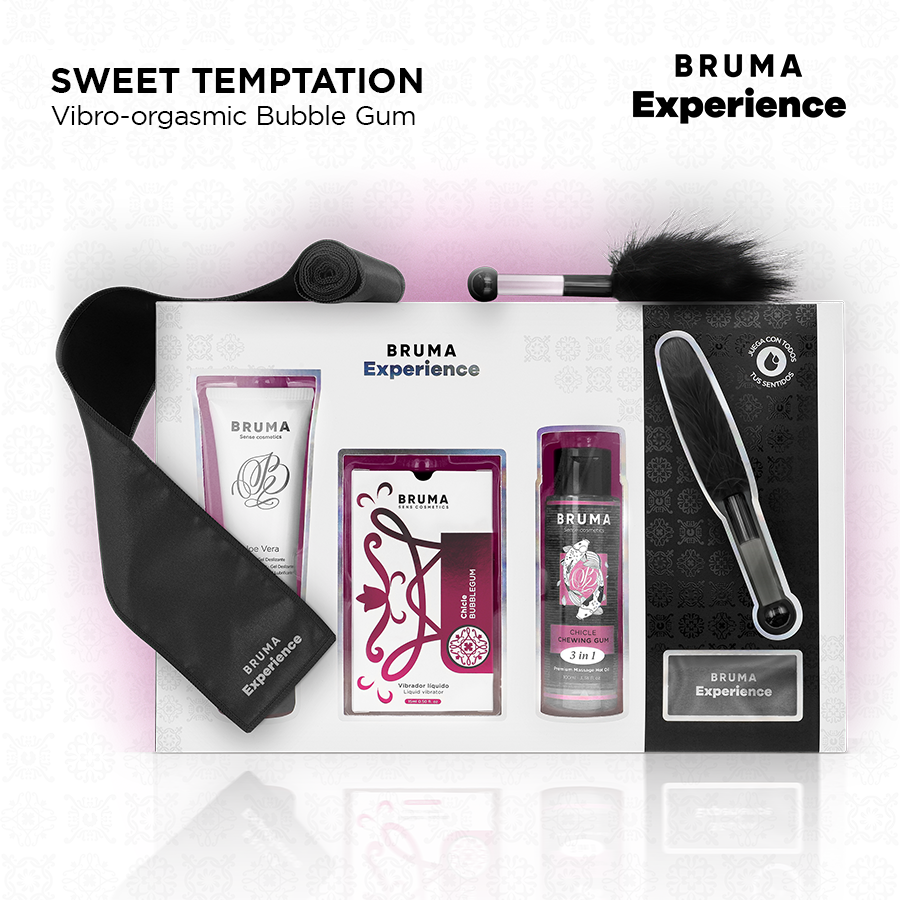 Contenu du coffret bubblegum Bruma a gel vibrant dispose a plat : bandeau satin, lubrifiant, huile de massage et plume, vue complete du kit gourmand ludique