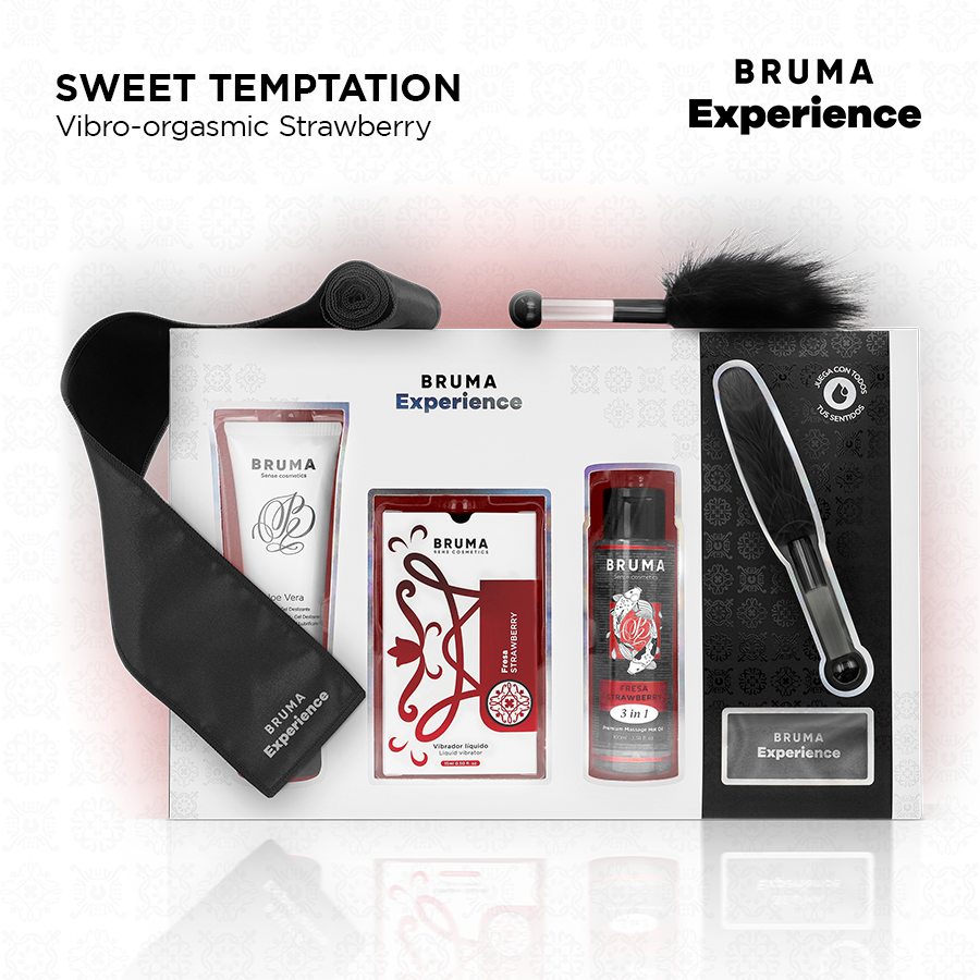 Contenu du kit seduction fraise Bruma a gel vibrant dispose a plat : bandeau satin, lubrifiant, huile de massage et plume, vue complete du coffret gourmand