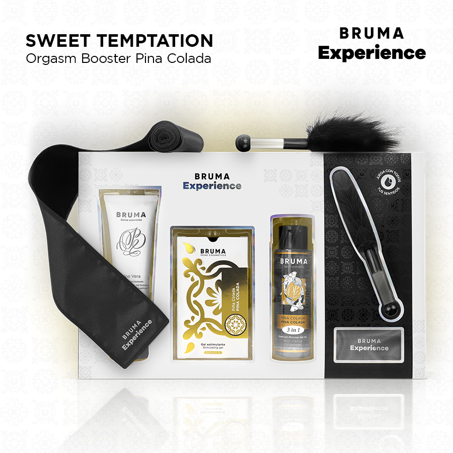 Contenu du coffret pina colada Bruma a gel stimulant dispose a plat : bandeau satin, lubrifiant, huile de massage et plume, vue complete du kit tropical gourmand