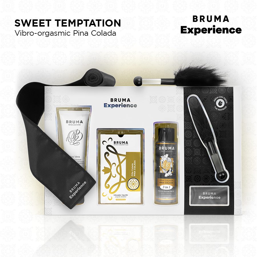 Contenu du kit tropical pina colada Bruma a gel vibrant dispose a plat : bandeau satin, lubrifiant, huile de massage et plume, vue complete du coffret exotique