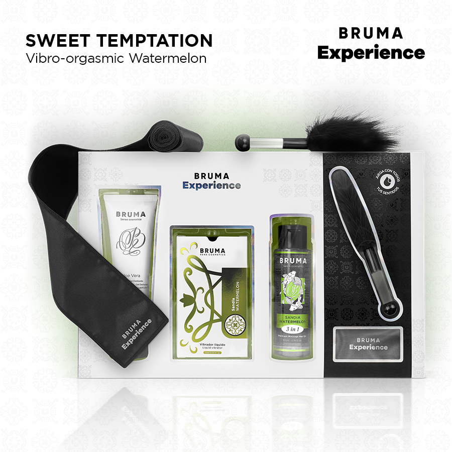 Contenu du coffret sensoriel pasteque Bruma a gel vibrant dispose a plat : bandeau satin, lubrifiant, huile de massage et plume, vue complete du kit gourmand