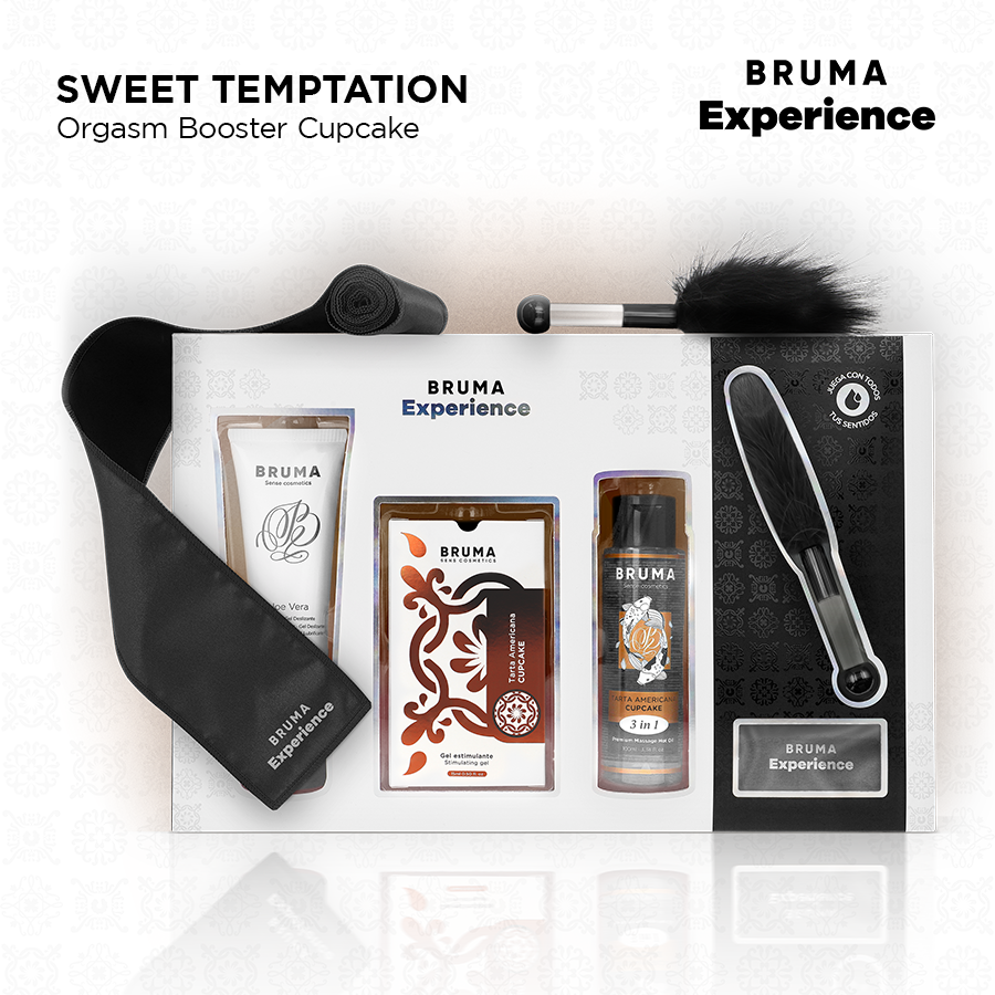 Contenu du coffret tarte americaine Bruma dispose a plat : bandeau satin, lubrifiant sucre, huile chaude et plume, vue complete du kit gourmand a savourer a deux