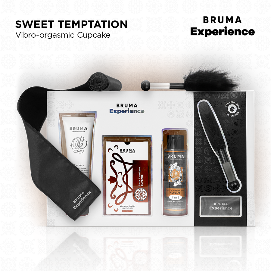 Contenu de la box gateau americain Bruma a gel vibrant dispose a plat : bandeau satin, lubrifiant, huile de massage et plume, vue complete du kit gourmand multisensoriel
