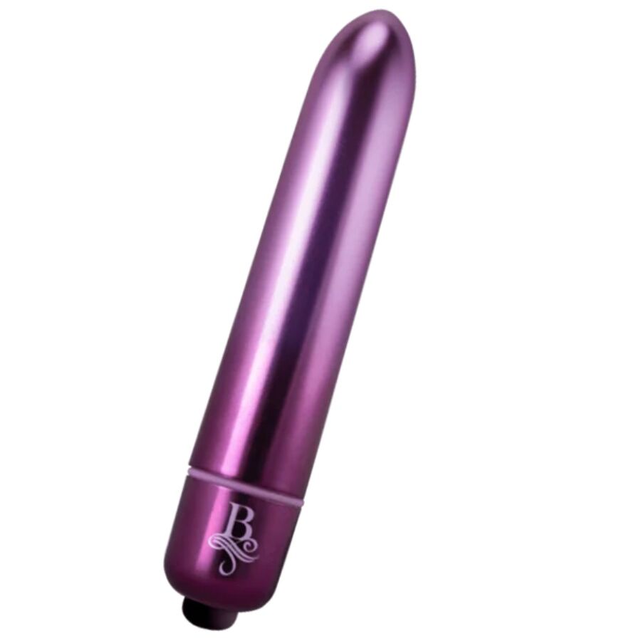 Bullet vibrant violet métallisé présenté incliné, pointe arrondie et embout de commande coloré, mini vibromasseur clitoridien compact à finition brillante Rocks-Off.
