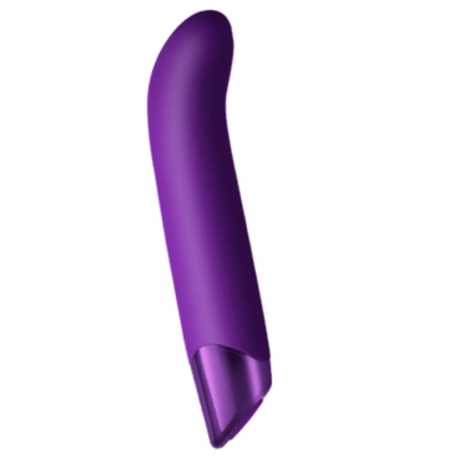 Vibromasseur point G violet à tige incurvée et embout métallisé pointu, corps en silicone profilé, stimulateur Chaiamo G 10 modes étanche et rechargeable Rocks-Off.