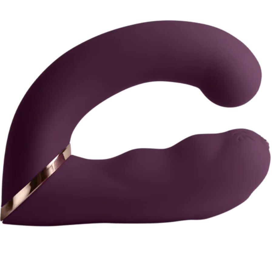 Double vibromasseur clitoris et point G en silicone violet, forme en U à deux bras flexibles aux longueurs inégales, liseré doré, surface lisse non anatomique.