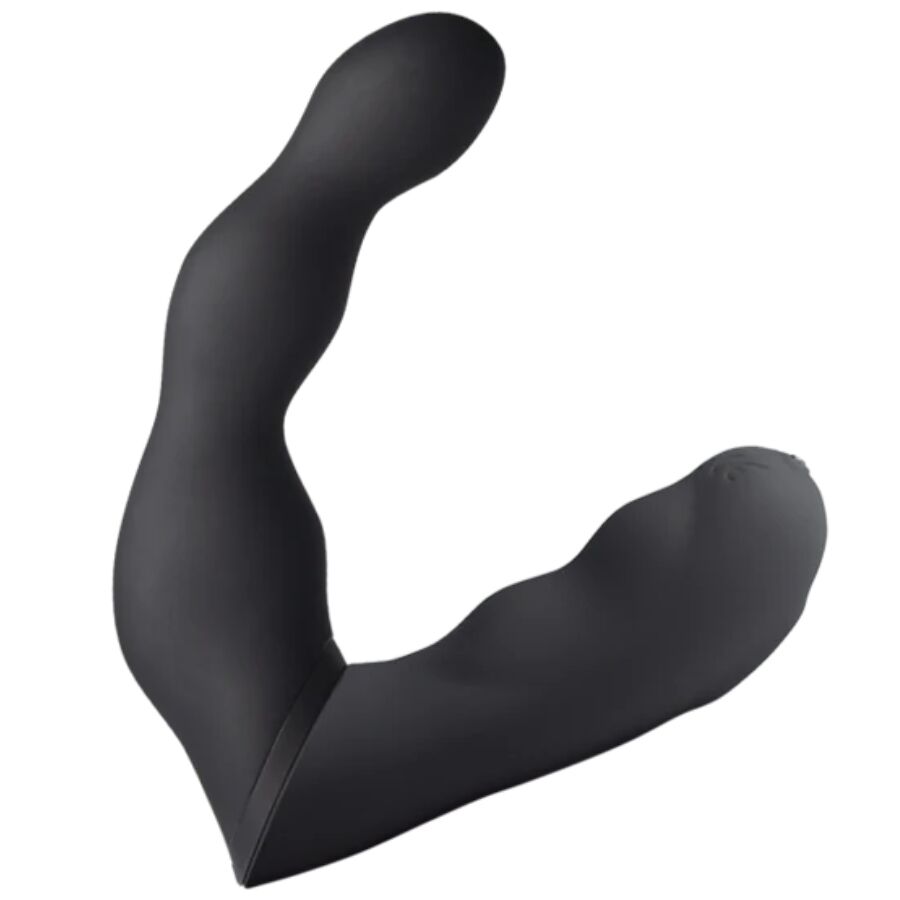 Vue de trois quarts du stimulateur prostatique noir à double bras incurvé, tige réglable et embout arrondi, silicone doux mat sans détail ni relief anatomique.