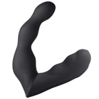 Vue de trois quarts du stimulateur prostatique noir à double bras incurvé, tige réglable et embout arrondi, silicone doux mat sans détail ni relief anatomique.
