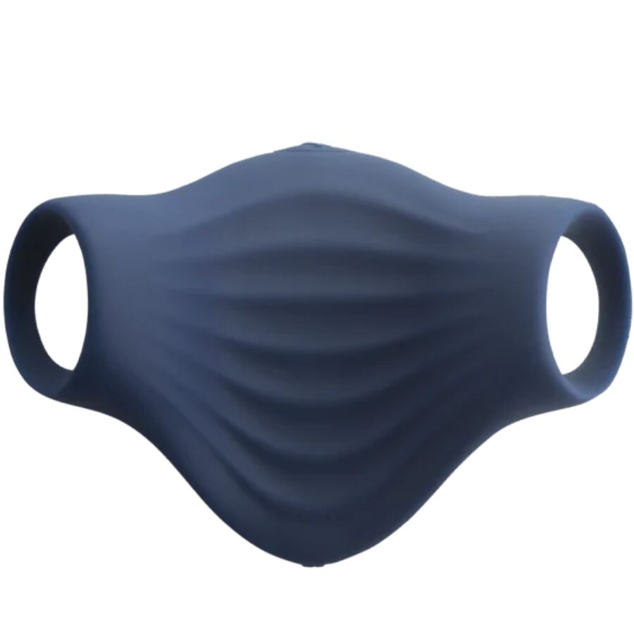 Masturbateur Palm bleu marine en silicone à surface nervurée et passants ouverts pour les doigts, gaine vibrante flexible 10 modes étanche et rechargeable Rocks-Off.