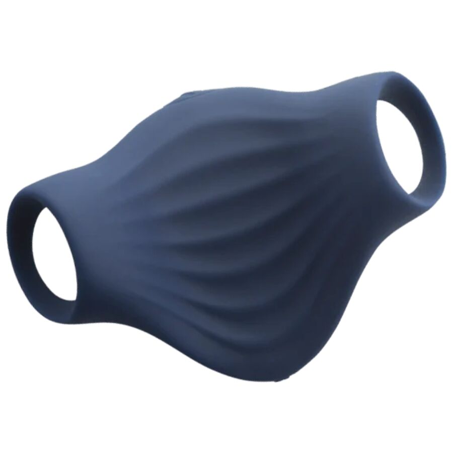 Masturbateur Palm bleu marine vu de trois-quarts, gaine en silicone nervurée avec ses deux boucles pour les doigts, accessoire vibrant flexible 10 modes étanche.
