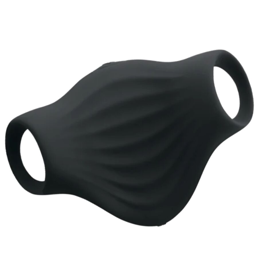 Masturbateur Palm noir vu de trois-quarts, gaine en silicone nervurée avec ses deux boucles pour les doigts, accessoire vibrant flexible 10 modes étanche Rocks-Off.