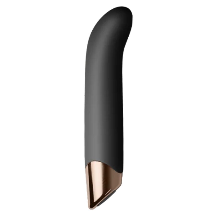 Vibromasseur point G noir à tige incurvée et embout métallisé doré pointu, corps en silicone profilé, stimulateur Chaiamo G 10 modes étanche et rechargeable Rocks-Off.