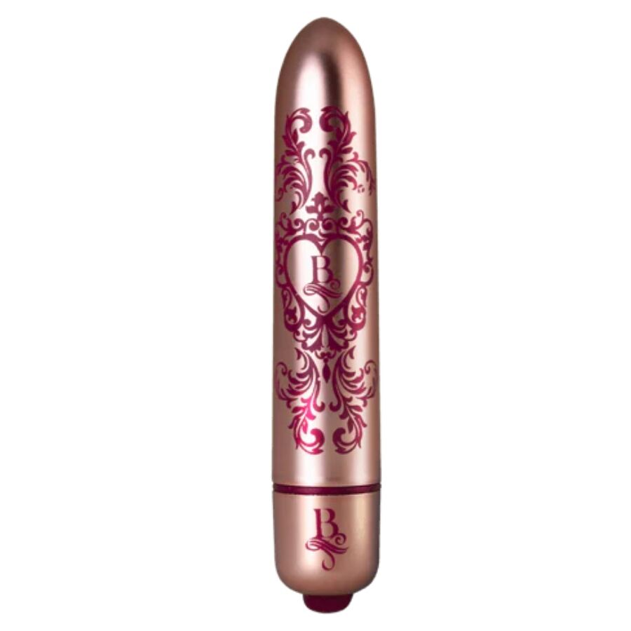 Stick vibrant bullet rose doré orné d'arabesques bordeaux et d'un cœur central, mini vibromasseur clitoridien fin à la finition baroque métallisée Rocks-Off.