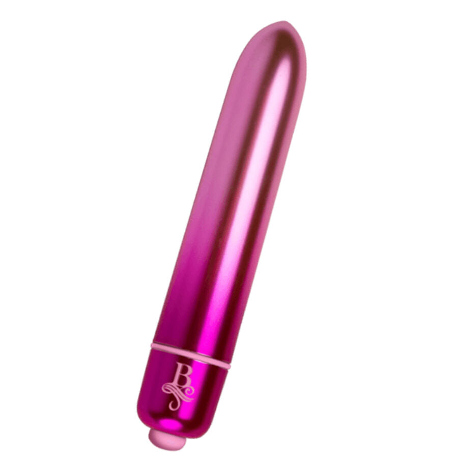 Stick vibrant bullet rose vif métallisé à pointe arrondie et logo Rocks-Off, mini vibromasseur clitoridien rechargeable au format poche et finition brillante.