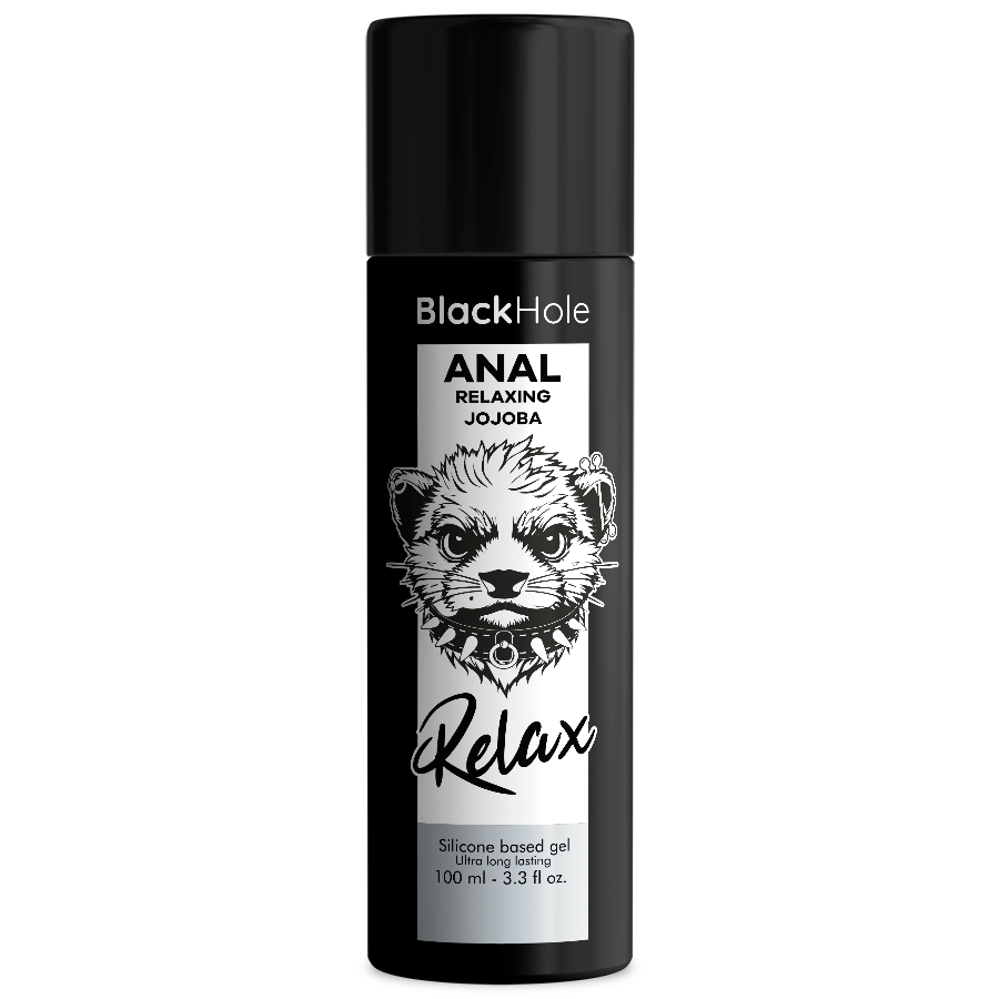 Flacon de gel anal Black Hole Relax jojoba base silicone 100 ml de face sur fond gris de gouttes, longue duree au logo chien, packshot Anal Relaxing