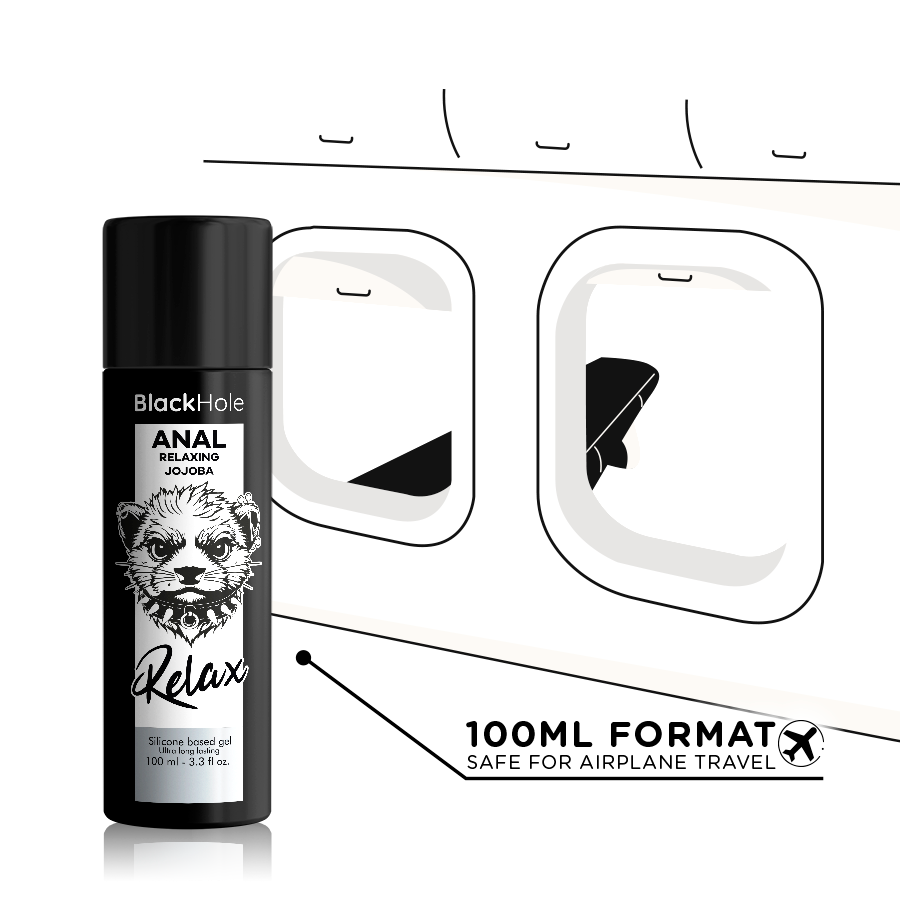 Gel anal Black Hole Relax jojoba 100 ml mis en avant pour le voyage, illustration hublots avion et mention 100ml Format Safe For Airplane Travel