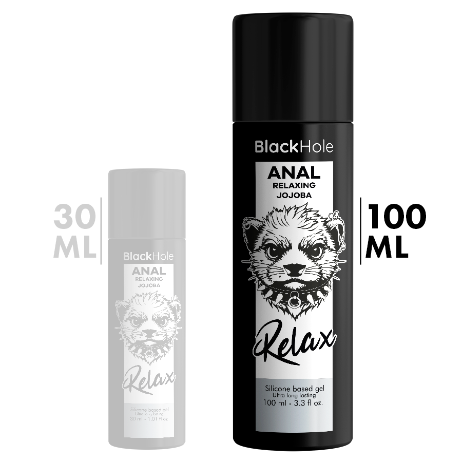 Gel anal Black Hole Relax jojoba base silicone, comparatif des flacons 30 ml et 100 ml au logo chien, glisse longue duree Anal Relaxing Jojoba