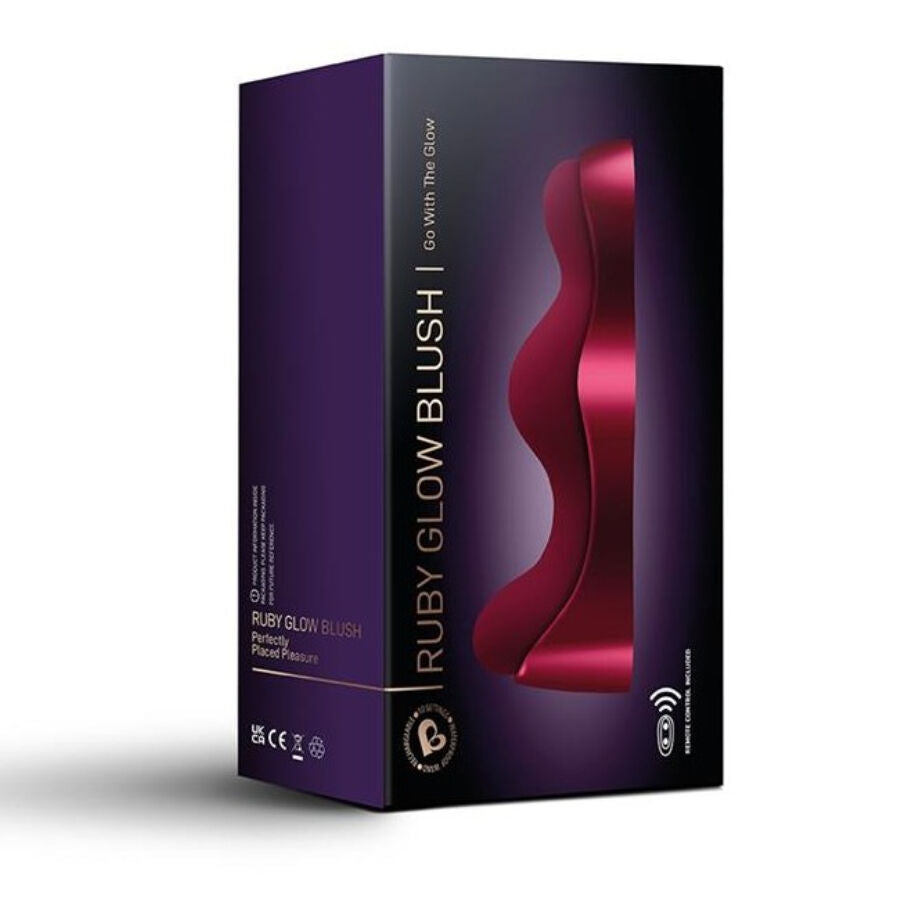 Boîte d'emballage violette Ruby Glow Blush montrant une photo du vibromasseur à chevaucher bordeaux et le logo Rocks-Off, packaging sobre sans scène sexuelle.