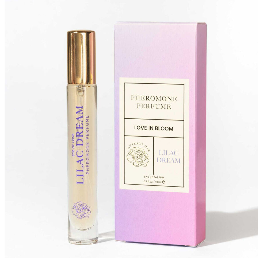 Eau de parfum aux phéromones femme Lilac, roll-on dore devant sa boite rose Pheromone Perfume Lilac Dream, notes vanille bois de cachemire musc fleur de pommier, vegan.